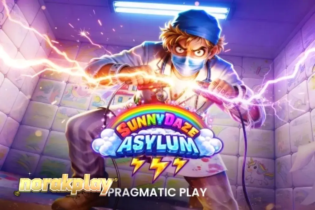 Tampilan visual slot Sunnydaze Asylum dengan tema neon dan institusi medis.