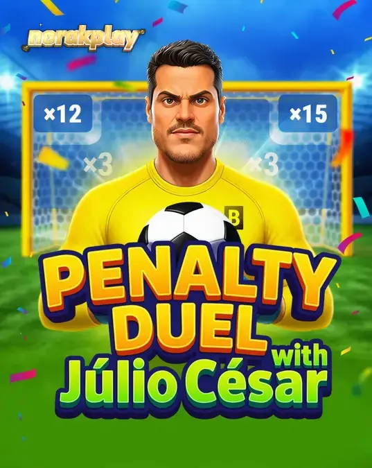 Tampilan antarmuka permainan Penalty Duel dengan Júlio César di lapangan hijau