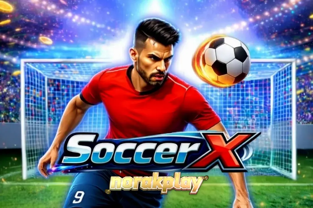 Tampilan antarmuka permainan slot SoccerX dengan latar belakang stadion sepak bola.
